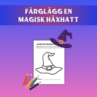 Arbetsblad för att färglägga en magisk häxhatt med färdigt exempel och färgpennor.