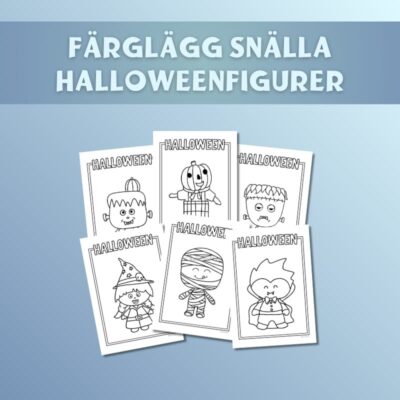 Färgglada Halloweenfigurer för barn, med skelett, vampyr, häxa, mumie och monster som färgläggningsbilder.