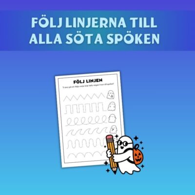 Arbetsblad med linjeövningar och ett vitt spöke med glasögon och gul penna.