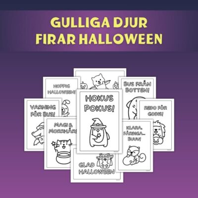 Halloweenbild med djur, pumpor och svenska hälsningar på flera målarblad.