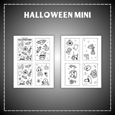 Halloween mini med två arbetsblad med spöken, pumpor, fladdermöss och andra halloweenmotiv.