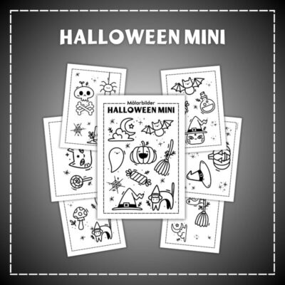 Halloween mini målarbok med svartvita färgläggningssidor och motiv av spöken, pumpor och fladdermöss.