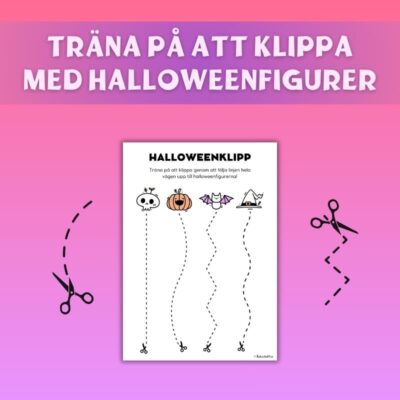 Halloweenklipp med dödskalle, pumpa, spöke och häxhatt samt olika klipplinjer.