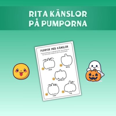 Arbetsbladet ”Pumpor med känslor” med svenska känsloord och färgglada Halloweenfigurer.