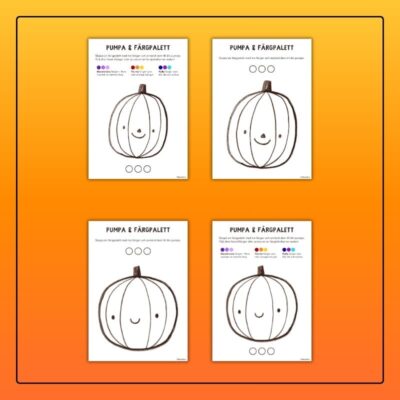 Fyra arbetsblad med pumpor, färgpaletter och instruktioner på orange bakgrund.