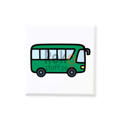 Magnetiskt bildstöd med motiv av grön buss.