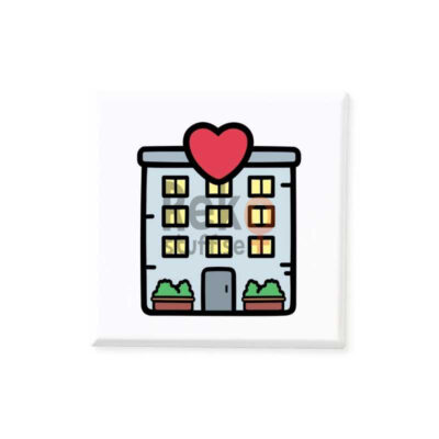 Magnetiskt bildstöd med motiv av ett flerfamiljshus med hjärta.
