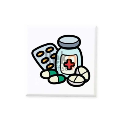 Magnetiskt bildstöd med motiv av en medicinburk, tabletter och kapslar.