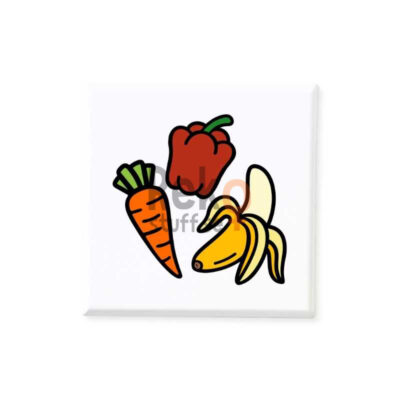 Magnetiskt bildstöd med motiv av morot, paprika och banan.