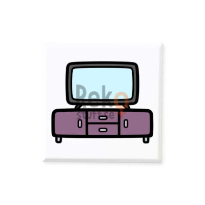 Magnetiskt bildstöd med motiv av en tv på en lila tv-bänk.